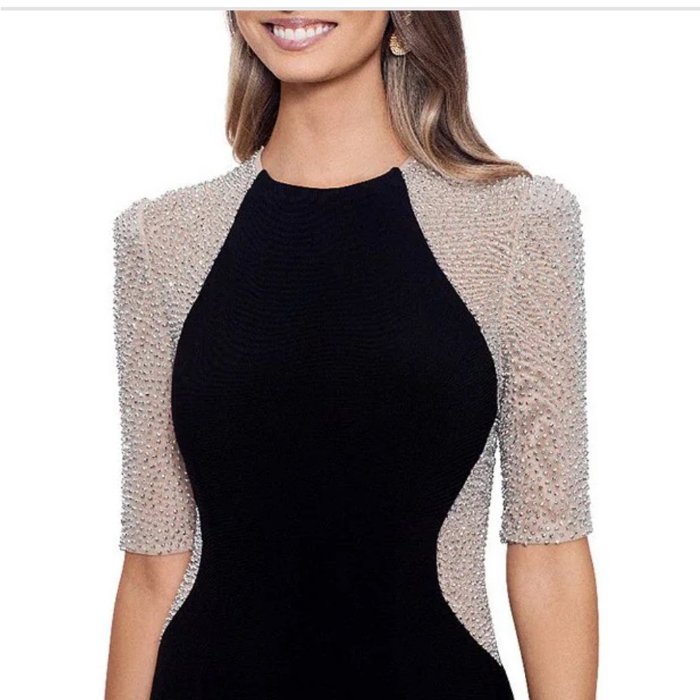 Xscape Caviar Beaded Mesh Short Sleeve Crew Neck Jersey Sheath Gown